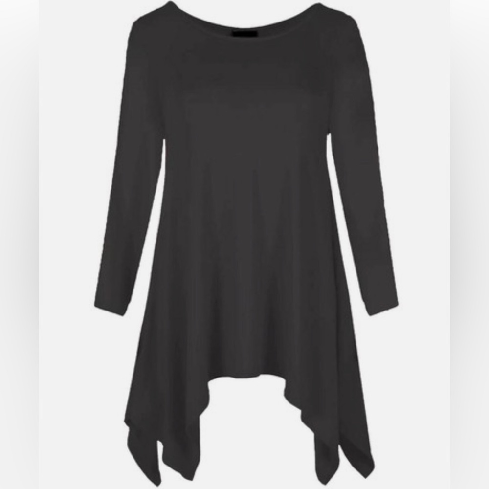 **Sympli Elegant Deep Black Flowy Scoop Neck Shark bite hem .